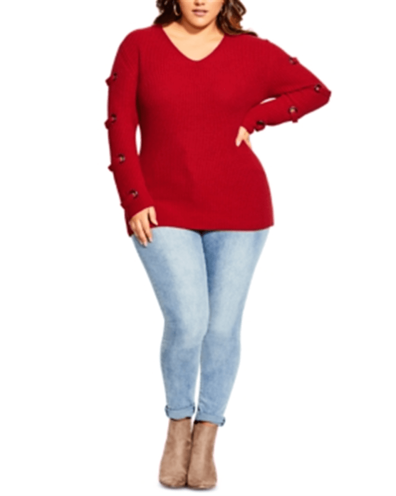 Front of a model wearing a size 22W City Chic Women's Trendy Plus Size Grommet-Sleeved Sweater Red Size 22W in Red by City Chic. | dia_product_style_image_id:314632